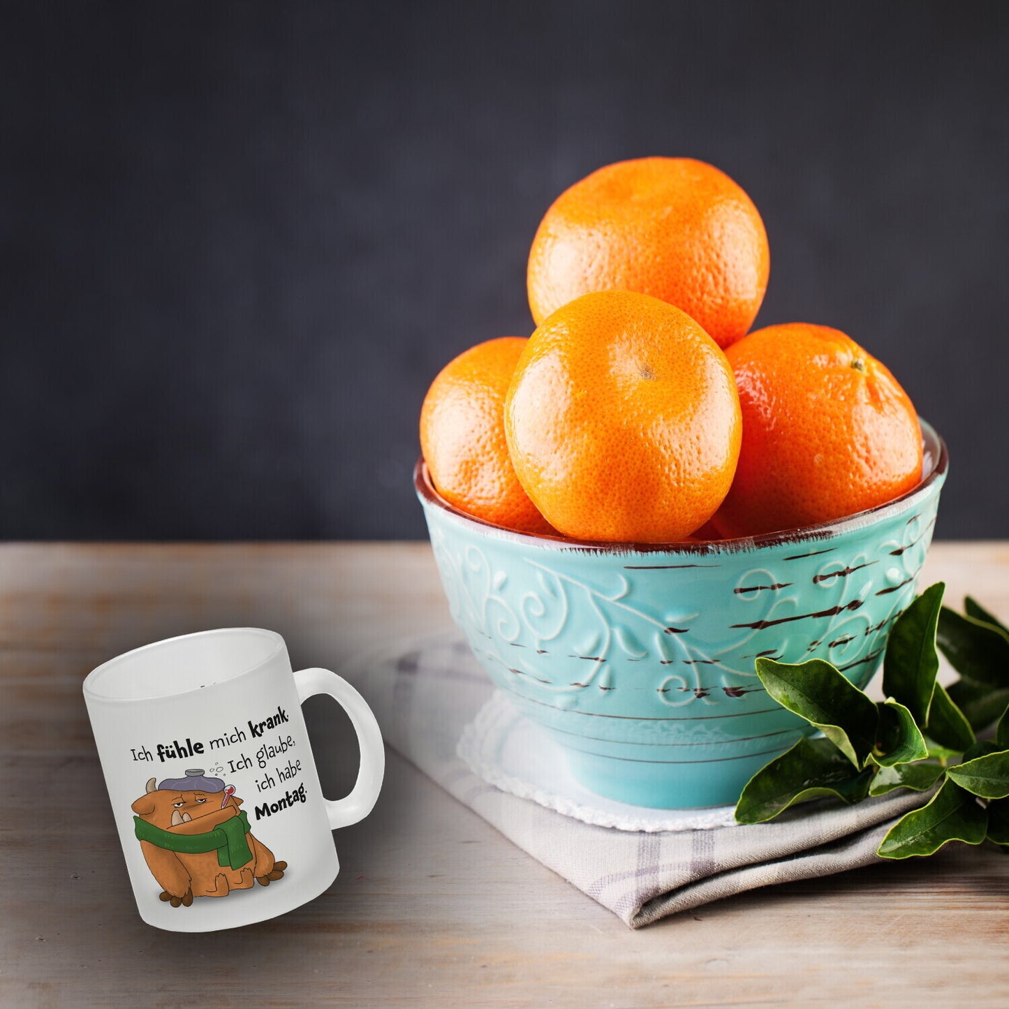 Freches Monster in orange Glas Tasse mit lustigem Spruch