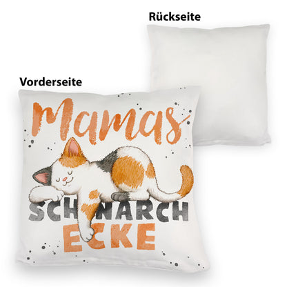 Orange Katze Kuschelkissen mit Spruch Mamas Schnarchecke