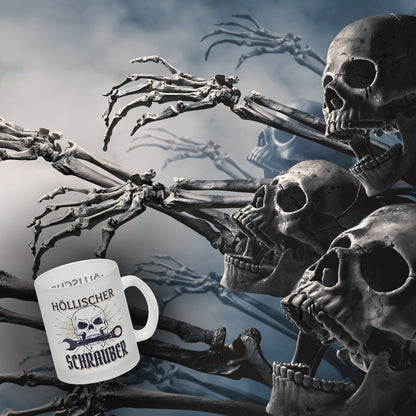 Höllischer Schrauber Glas Tasse mit Totenkopf und Schraubenschlüssel Motiv