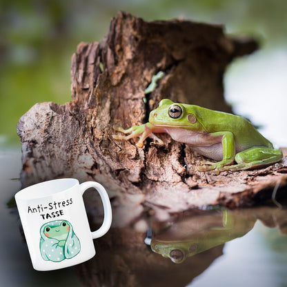 Frosch in blauer Decke mit Spruch Anti-Stress Tasse