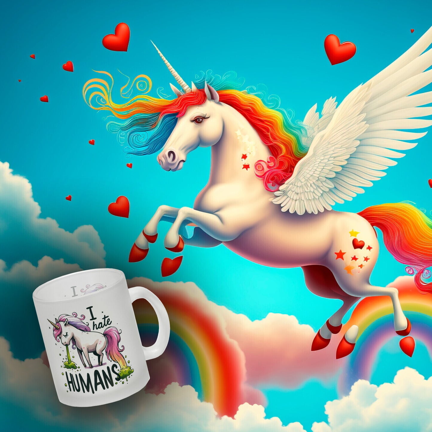 Kotzendes Einhorn Glas Tasse mit Spruch I hate Humans