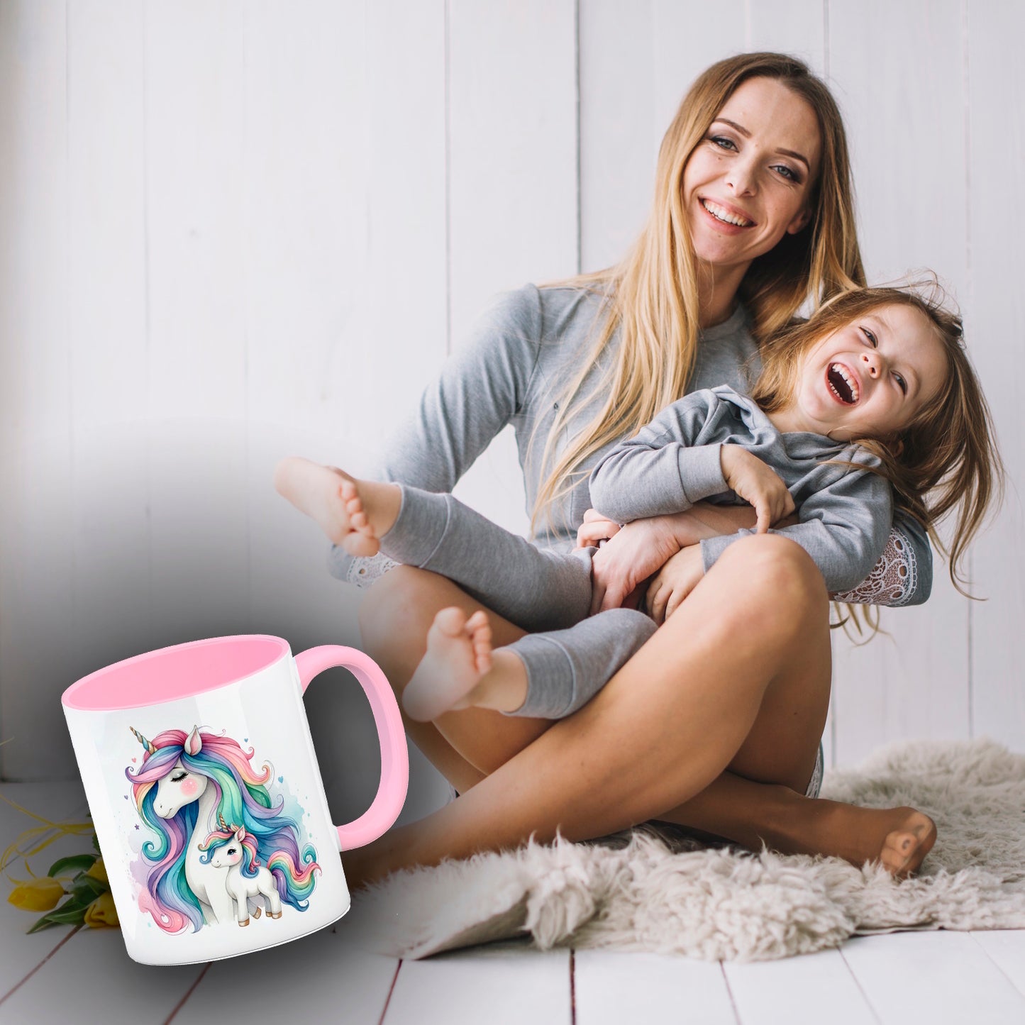 Einhorn-Mama mit Kind Kaffeebecher in rosa