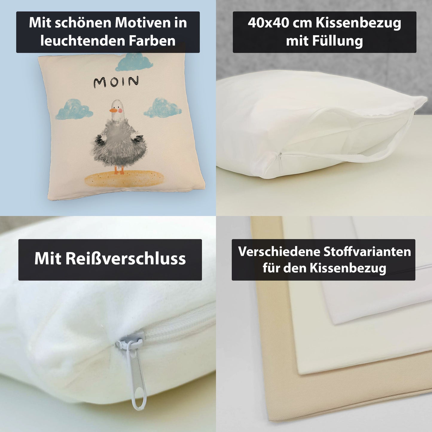 Möwe Kissen mit Leinenoptik mit Spruch Moin