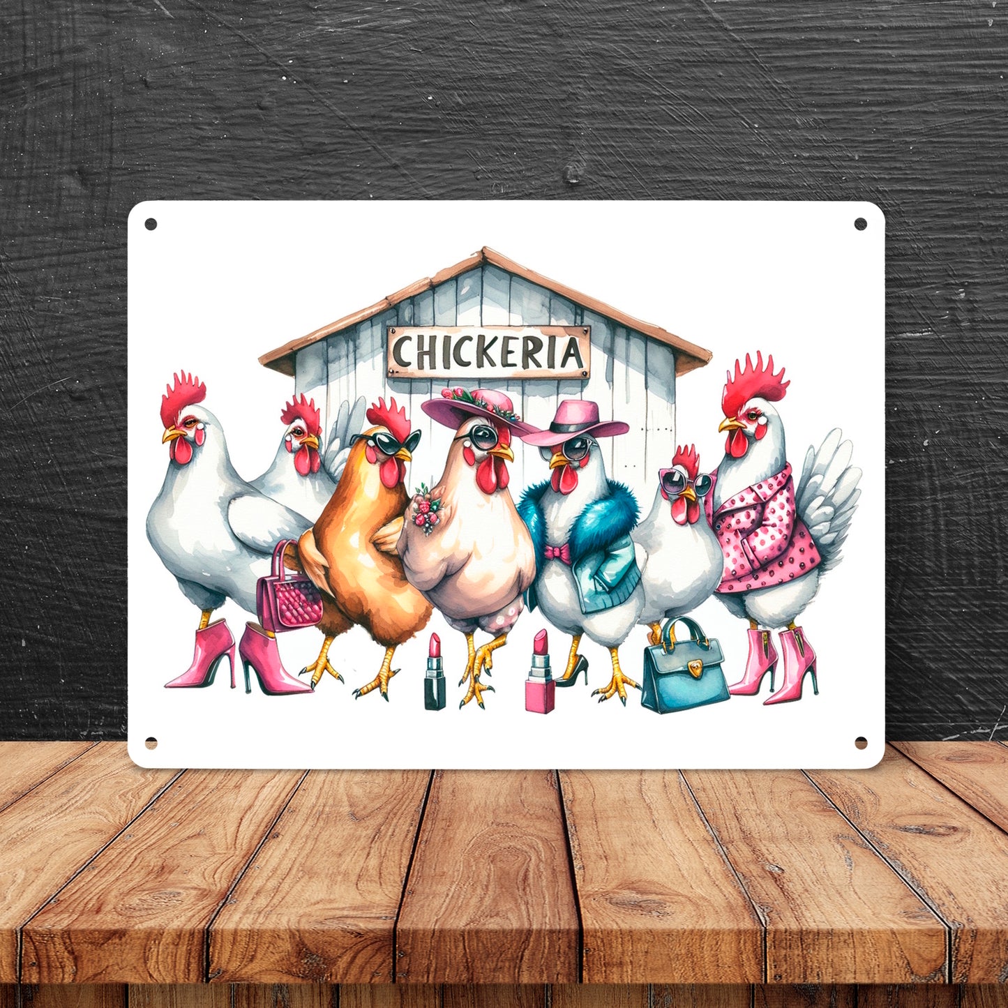 Modische Hühner am Hühnerstall Metallschild XL in 21x28 cm mit Spruch Chickeria