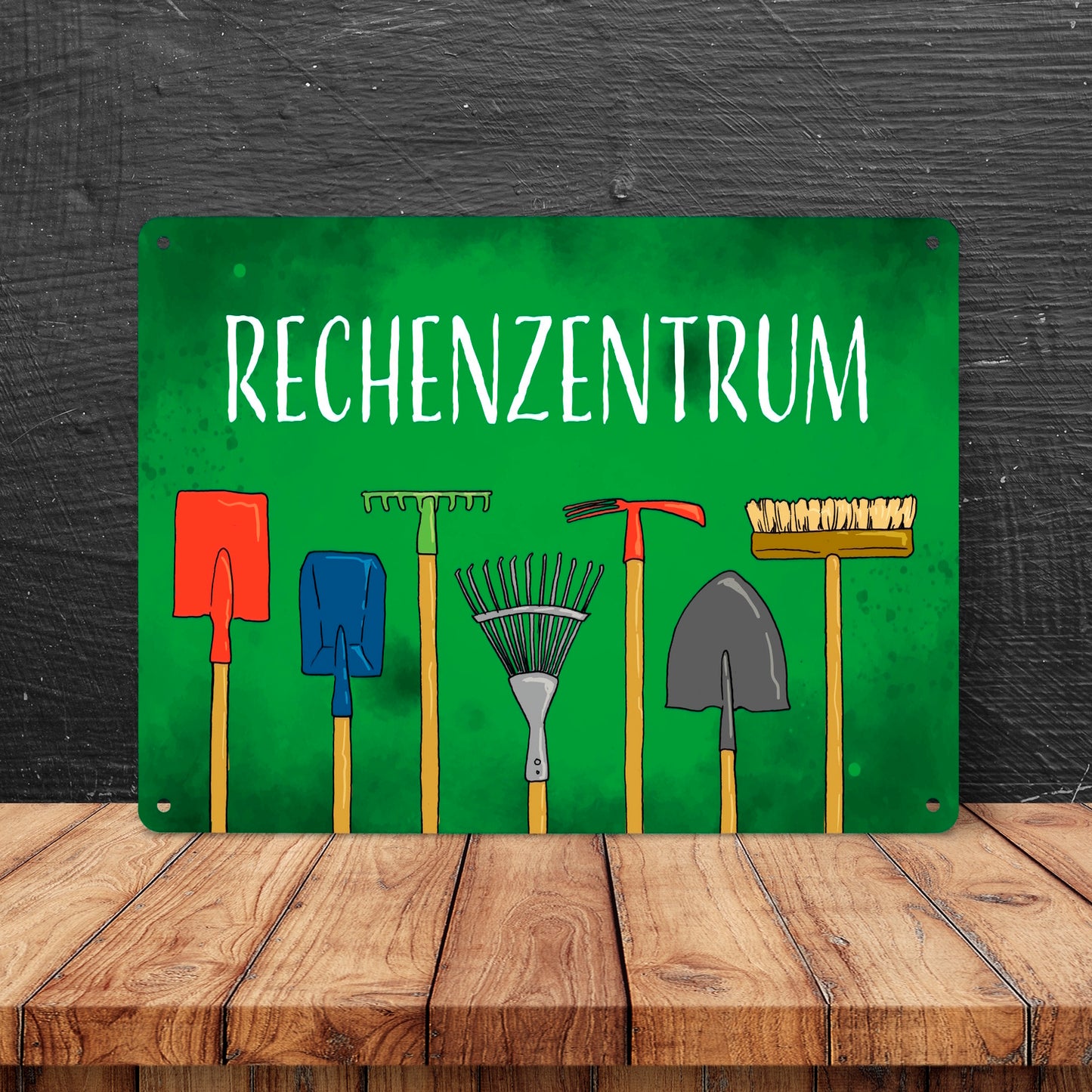 Rechenzentrum Metallschild XL in 21x28 cm mit Gartengeräten