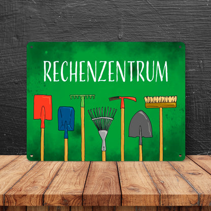 Rechenzentrum Metallschild XL in 21x28 cm mit Gartengeräten