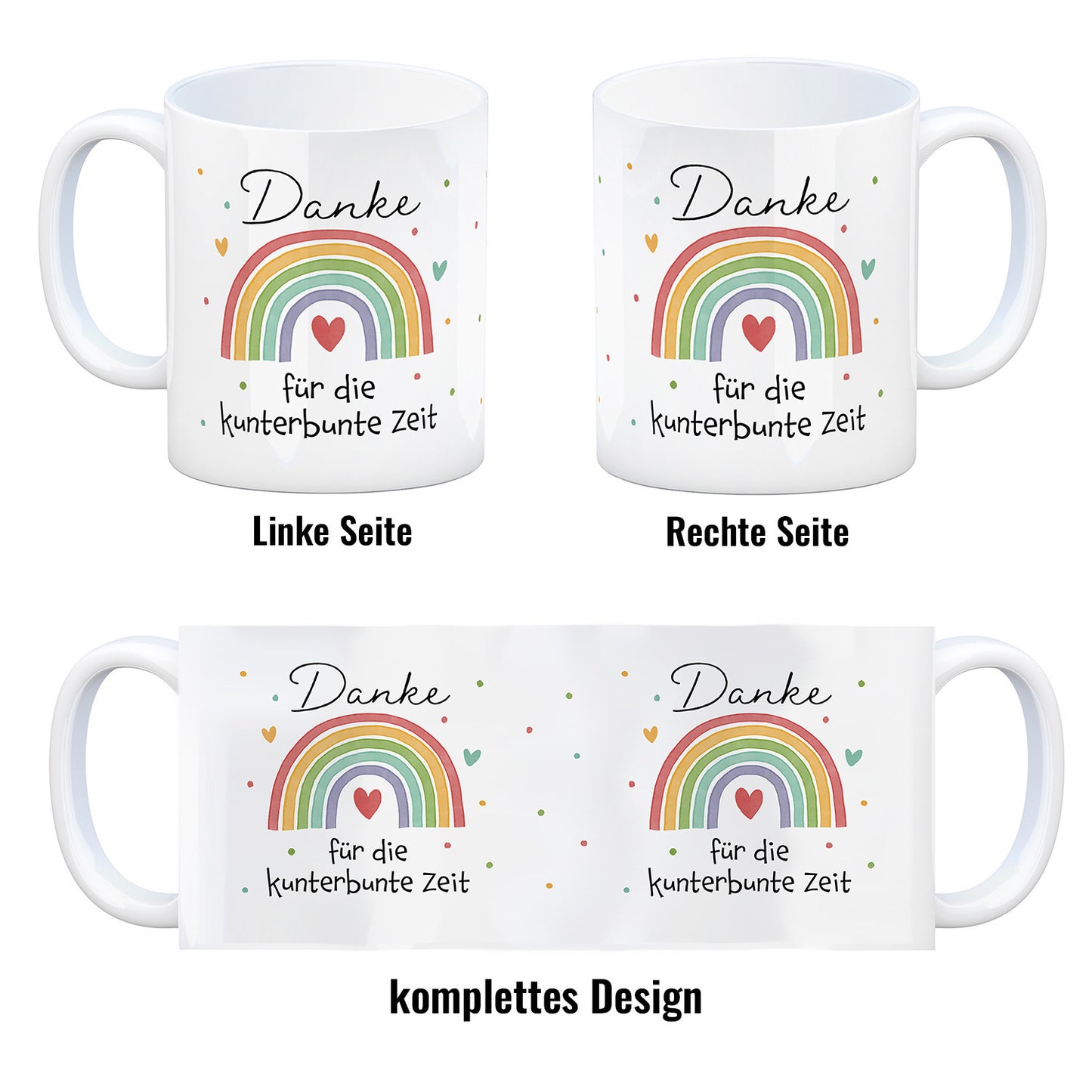 Regenbogen Kaffeebecher mit Spruch Danke für die kunterbunte Zeit