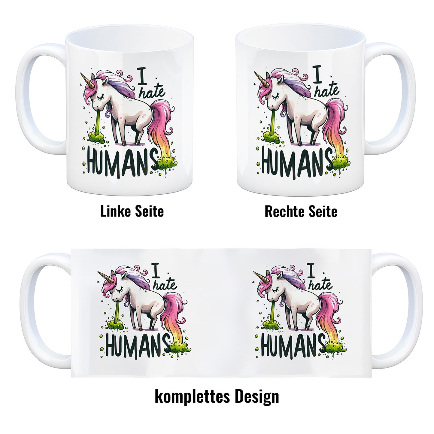 Kotzendes Einhorn Kaffeebecher mit Spruch I hate Humans