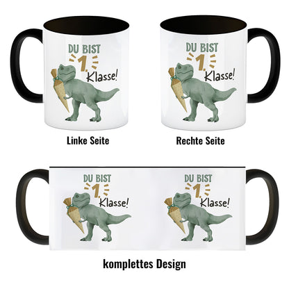 Dino mit Schultüte Kaffeebecher in schwarz mit Spruch Du bist 1. Klasse!