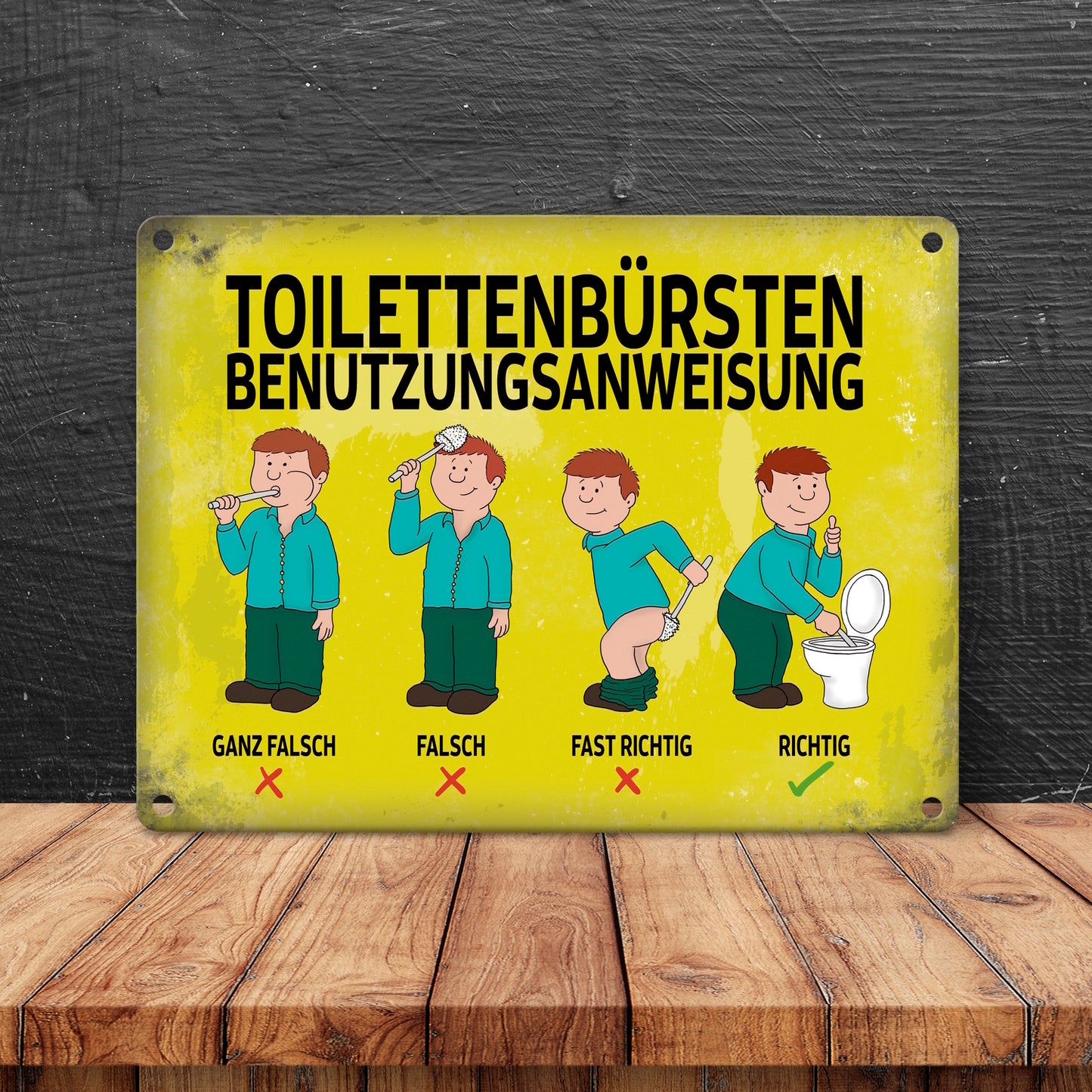 Metallschild mit Spruch: Toilettenbürstenbenutzungsanweisung