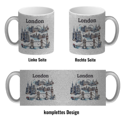 Skyline London Glitzer-Kaffeebecher mit Spruch London