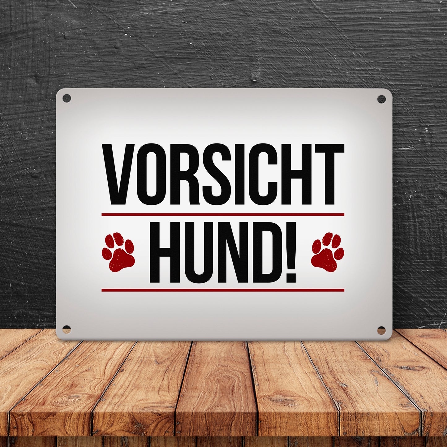 Vorsicht Hund! Metallschild mit Pfoten in rot