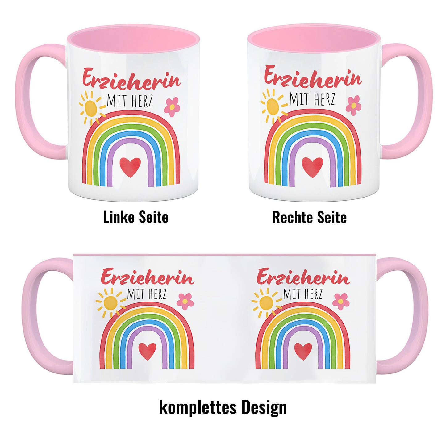 Regenbogen Kaffeebecher in rosa mit Spruch Erzieherin mit Herz