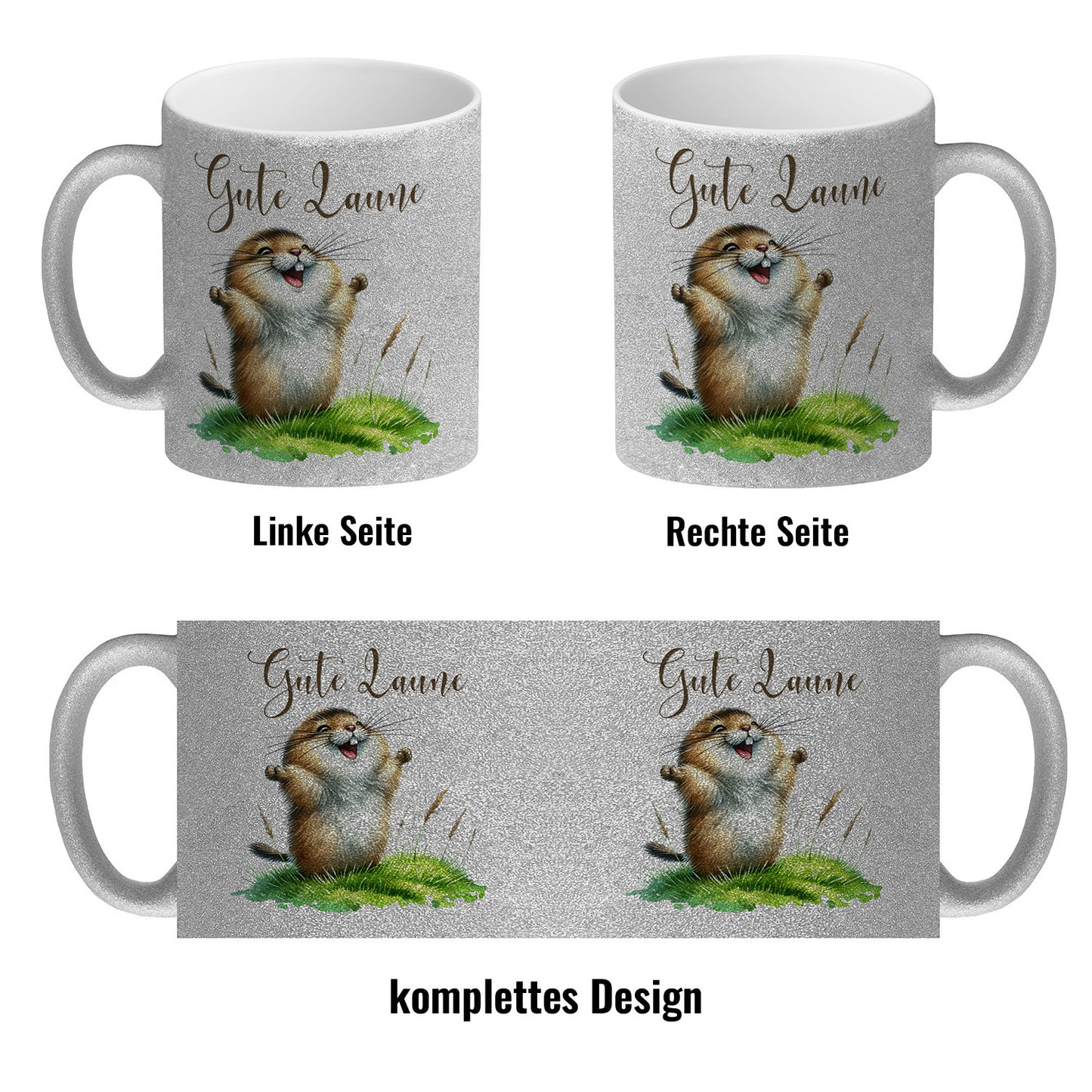 jubelnder Lemming Glitzer-Kaffeebecher mit Spruch Gute Laune