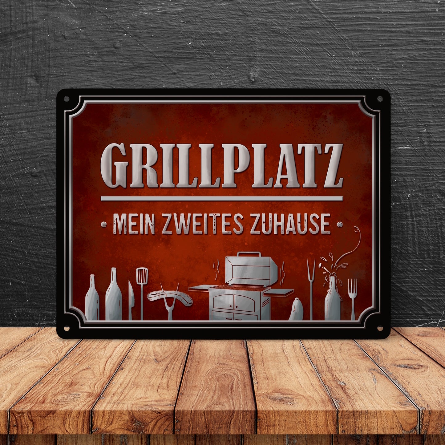 Metallschild XL mit Grill Motiv und Spruch: Grillplatz - mein zweites Zuhause