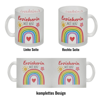 Regenbogen Glas Tasse mit Spruch Erzieherin mit Herz