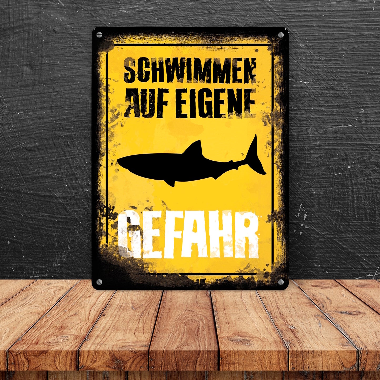 Schwimmen auf eigene Gefahr Metallschild in 15x20 cm für den Pool mit Hai