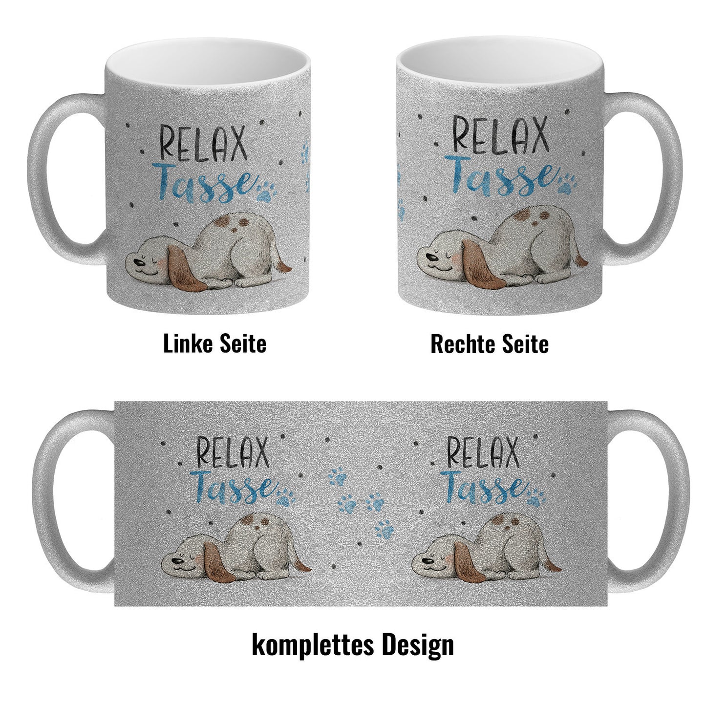 Relaxter Hund Glitzer-Kaffeebecher mit Spruch Relax Tasse