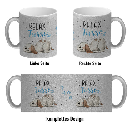 Relaxter Hund Glitzer-Kaffeebecher mit Spruch Relax Tasse