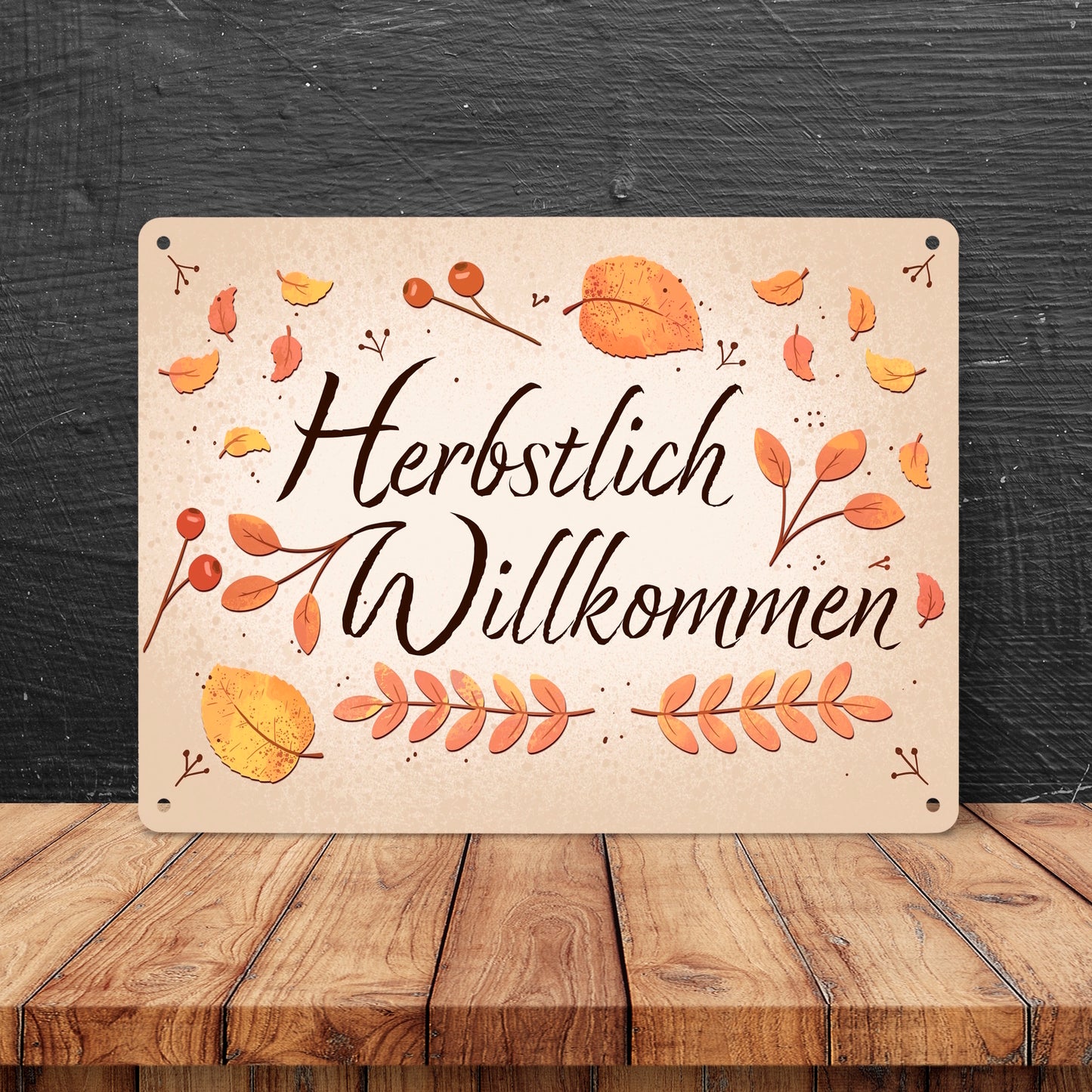 Herbstlich Willkommen Metallschild XL in 21x28 cm mit bunten Blättern