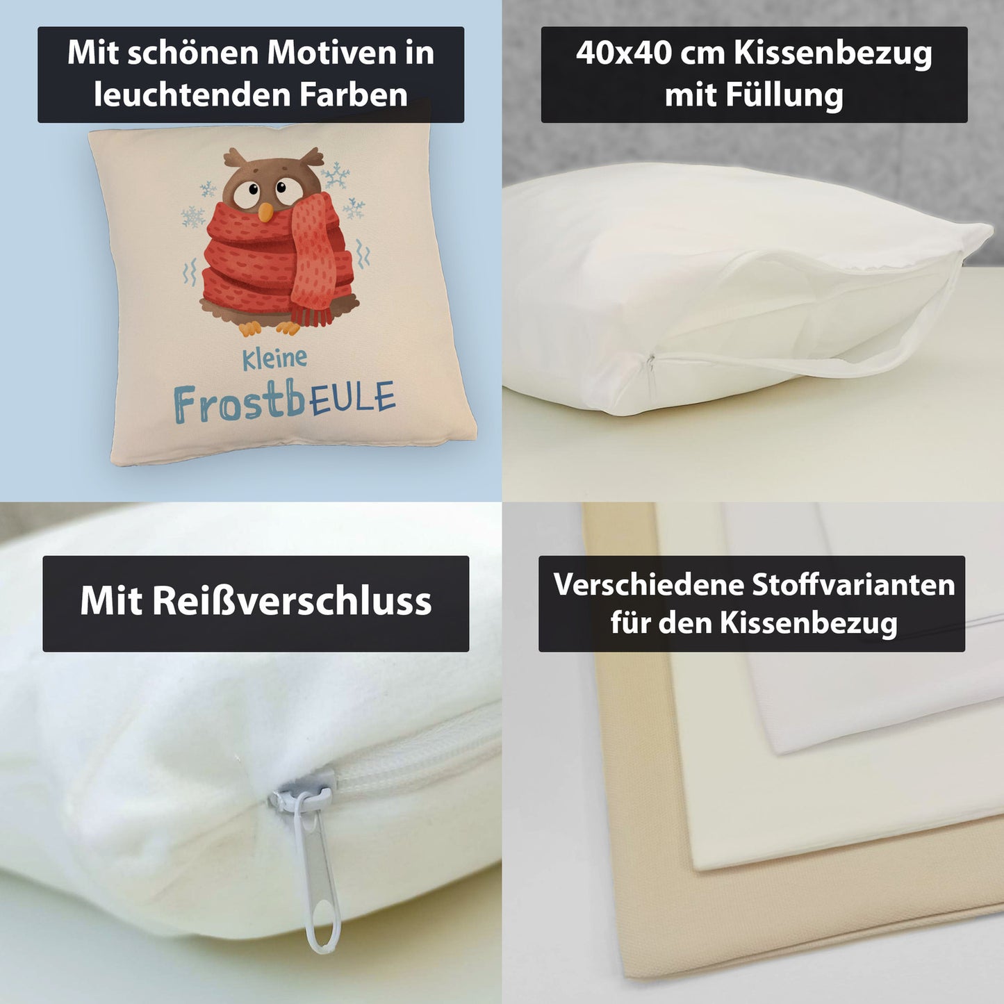 Kleine Frostbeule Kissen mit Leinenoptik mit Spruch niedlicher Eule