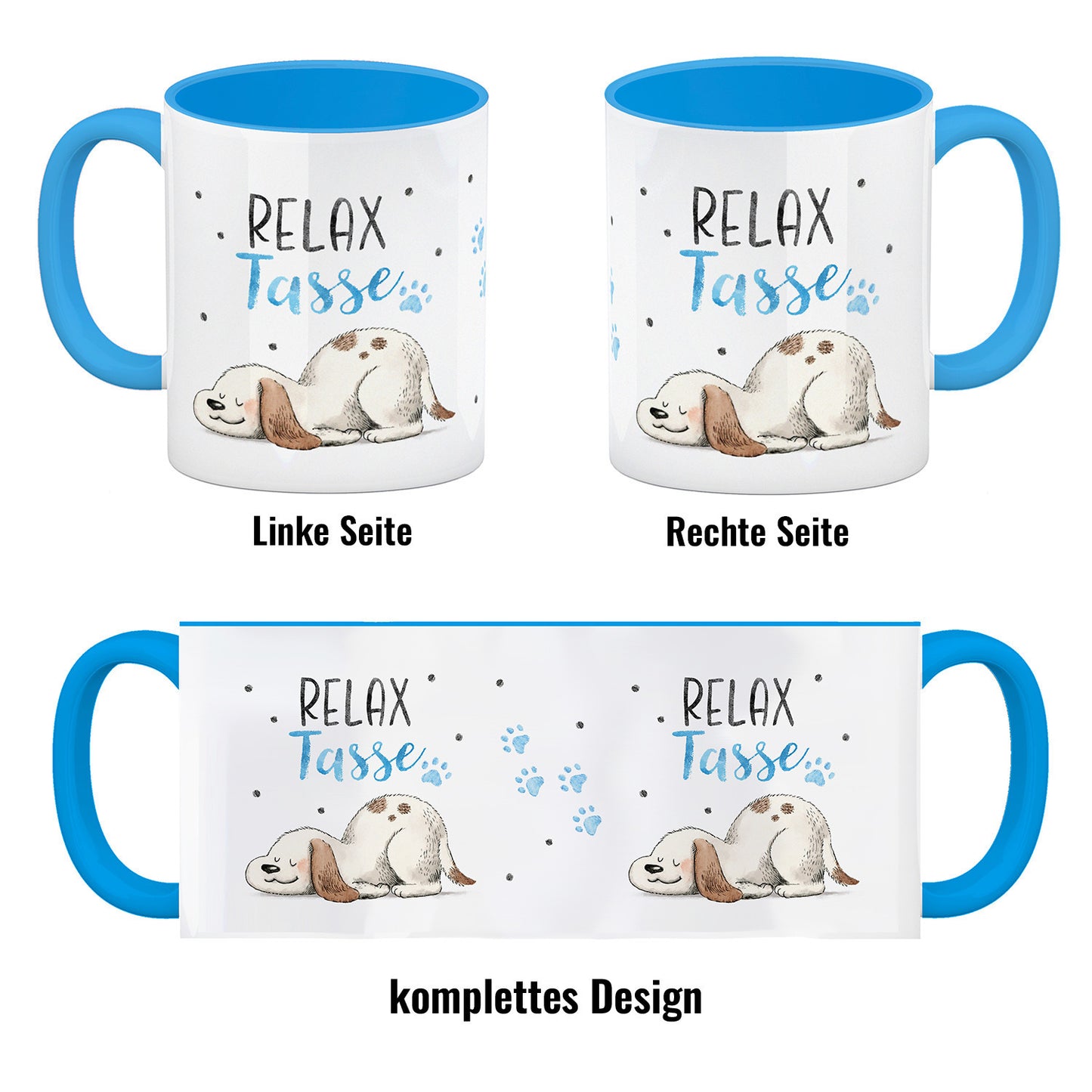 Relaxter Hund Kaffeebecher in hellblau mit Spruch Relax Tasse