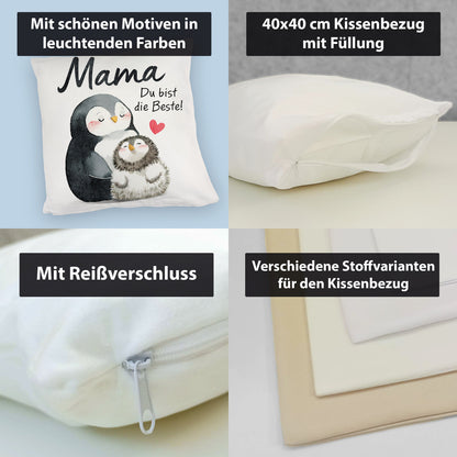 Pinguin Mutter und Kind Kuschelkissen mit Spruch Mama du bist die Beste