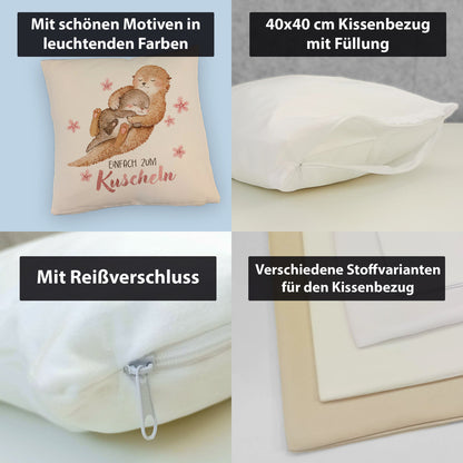 Otter Baby und Mutter Kissen mit Leinenoptik mit Spruch Einfach zum Kuscheln