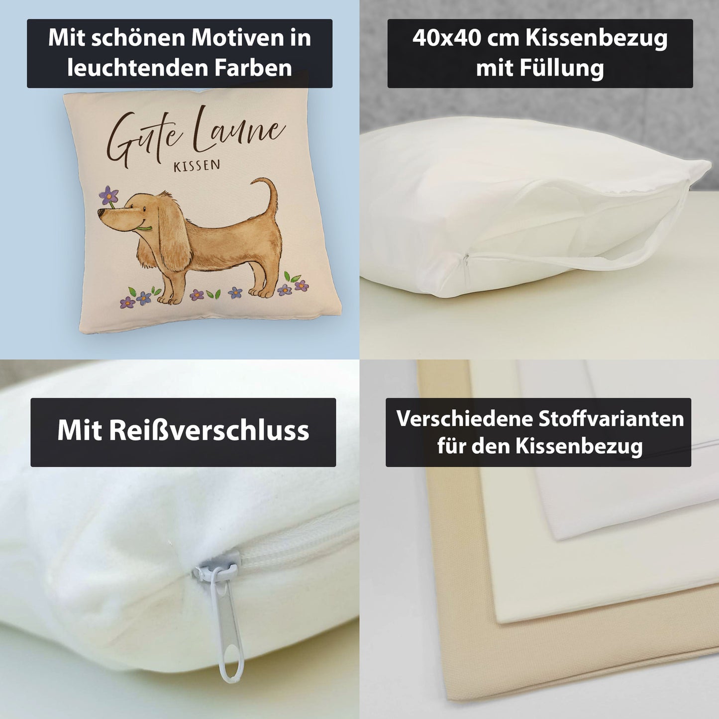 Dackel mit Blume Kissen mit Leinenoptik mit Spruch Gute Laune Kissen mit Leinenoptik