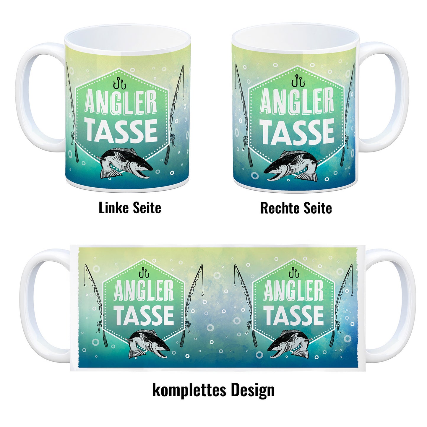 Angler Tasse Kaffeebecher mit Fisch und Angel Motiv