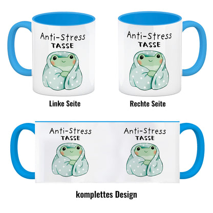 Frosch in blauer Decke mit Spruch Anti-Stress Tasse