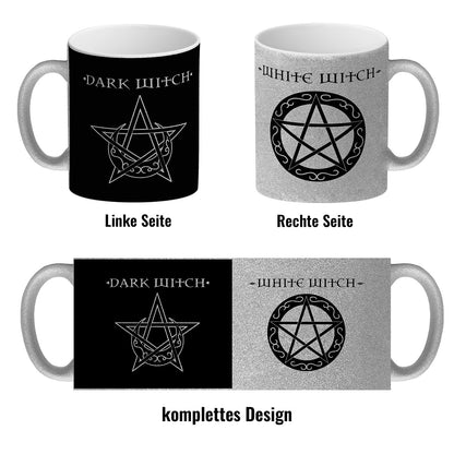 Glitzer-Kaffeebecher mit magischen Pentagrammen und Spruch - White Witch - Dark Witch