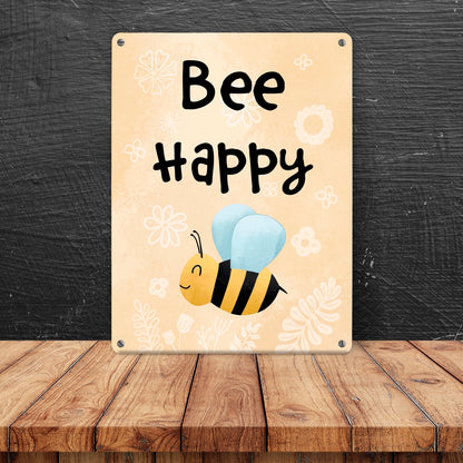 Bee Happy lustiges Metallschild in 15x20 cm mit glücklicher Biene