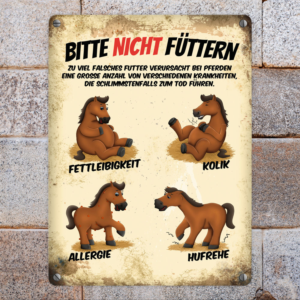 Metallschild mit Pferde Motiv und Spruch: Bitte nicht füttern