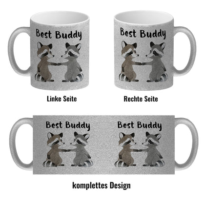 Waschbär Bruder und Kumpel Glitzer-Kaffeebecher mit Spruch Best Buddy