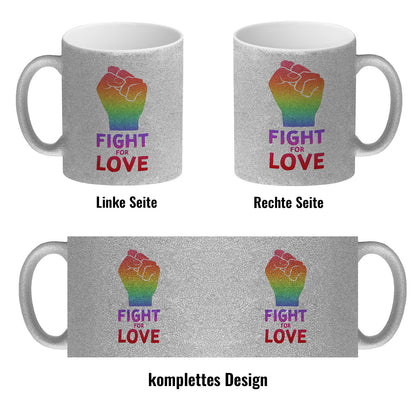 Fight for Love Glitzer-Kaffeebecher mit Faust in Regenbogenfarben