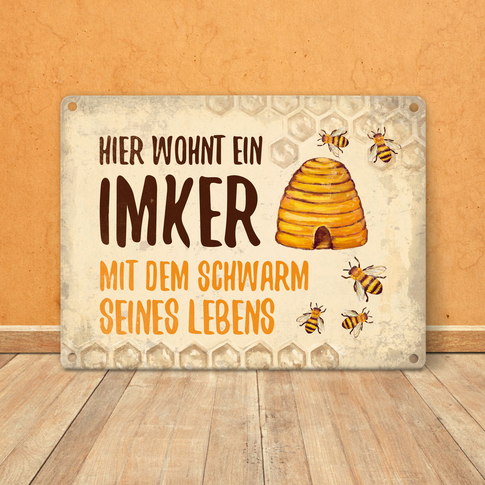 Imker mit Schwarm seines Lebens Blechschild in 15x20 cm