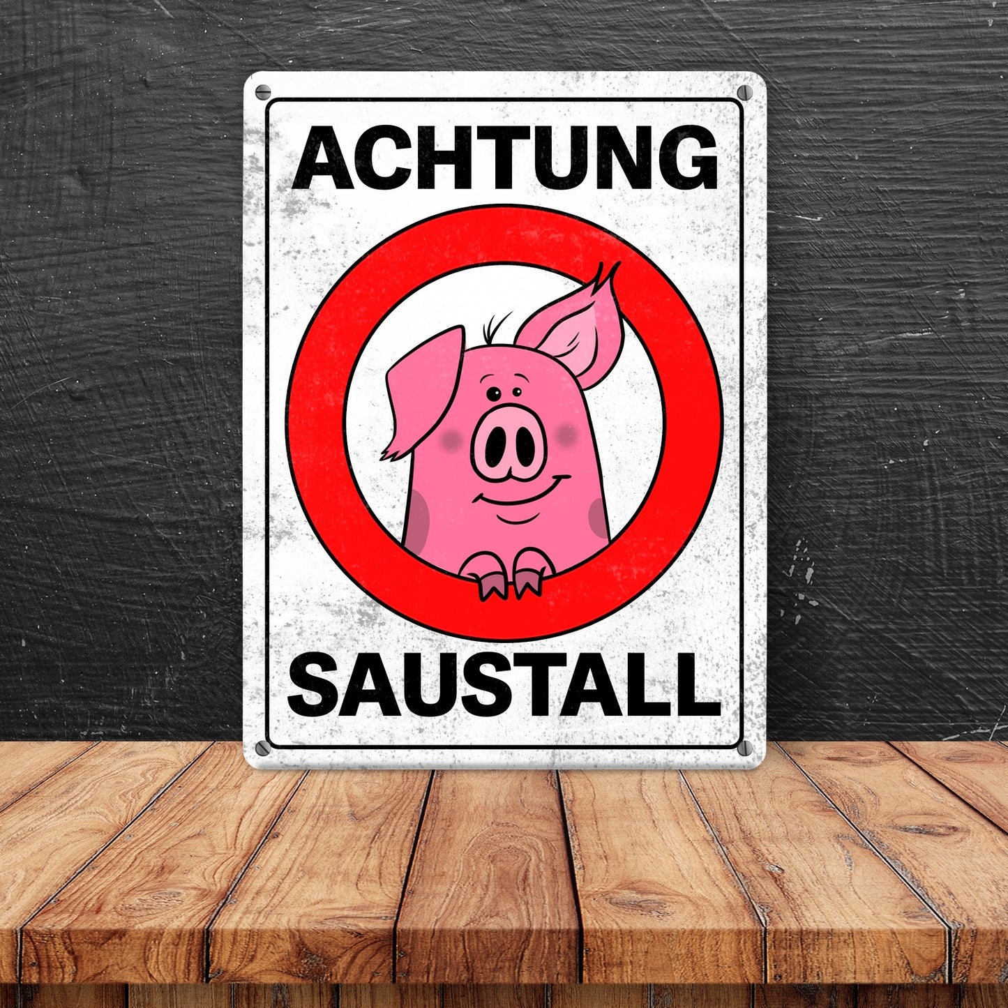 Achtung Saustall Metallschild mit Comic-Schwein