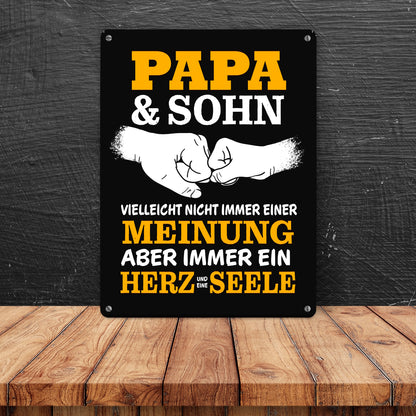 Papa & Sohn, ein Herz und eine Seele Metallschild in 15x20 cm mit Spruch in gelb