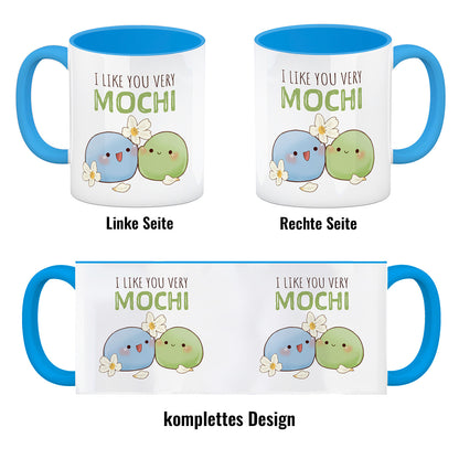 Mochi Freunde Kaffeebecher in hellblau mit Spruch I like you very Mochi