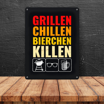 Grillen, Chillen, Bierchen Killen Metallschild XL mit Grill-, Sonnenbrille- und Biermotiv