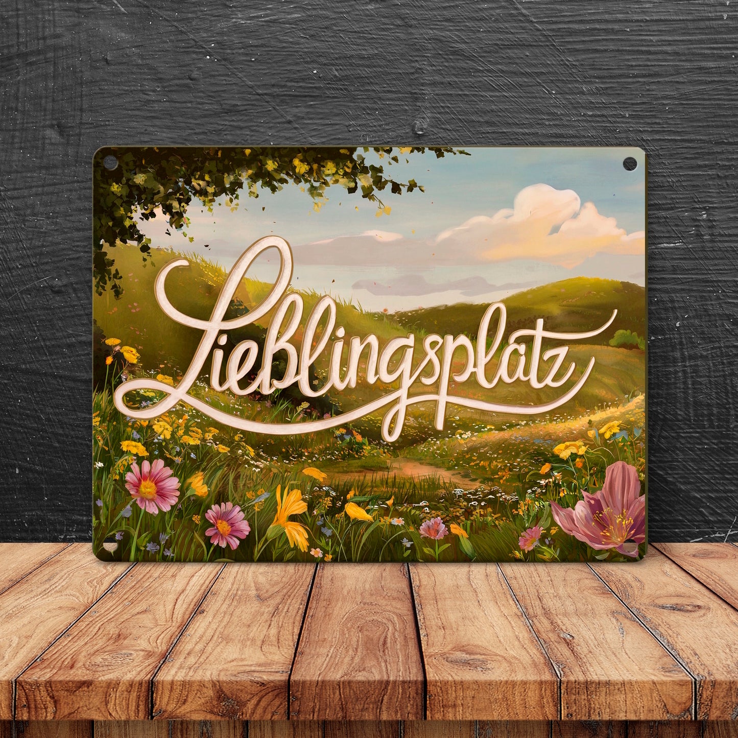 Lieblingsplatz Metallschild in 15x20 cm mit Blumenwiese