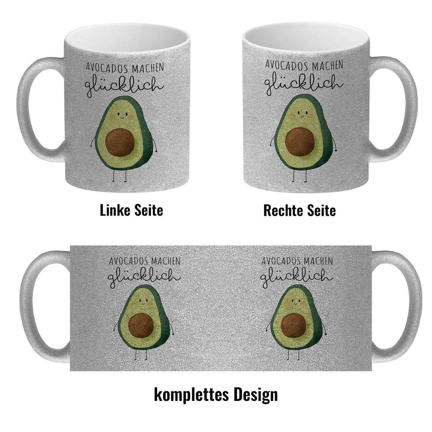 Niedliche Avocado Glitzer-Kaffeebecher mit Spruch Avocados machen glücklich