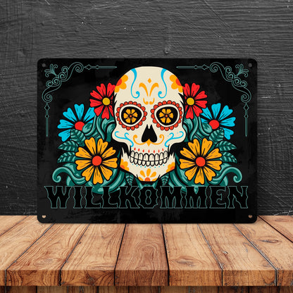 Willkommen Metallschild XL in 21x28 cm mit Totenkopf und Blumenmotiv