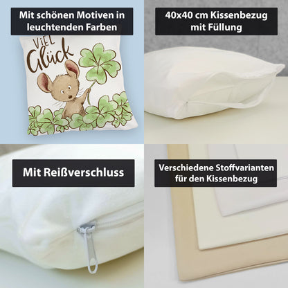 Maus Kuschelkissen mit Spruch Viel Glück