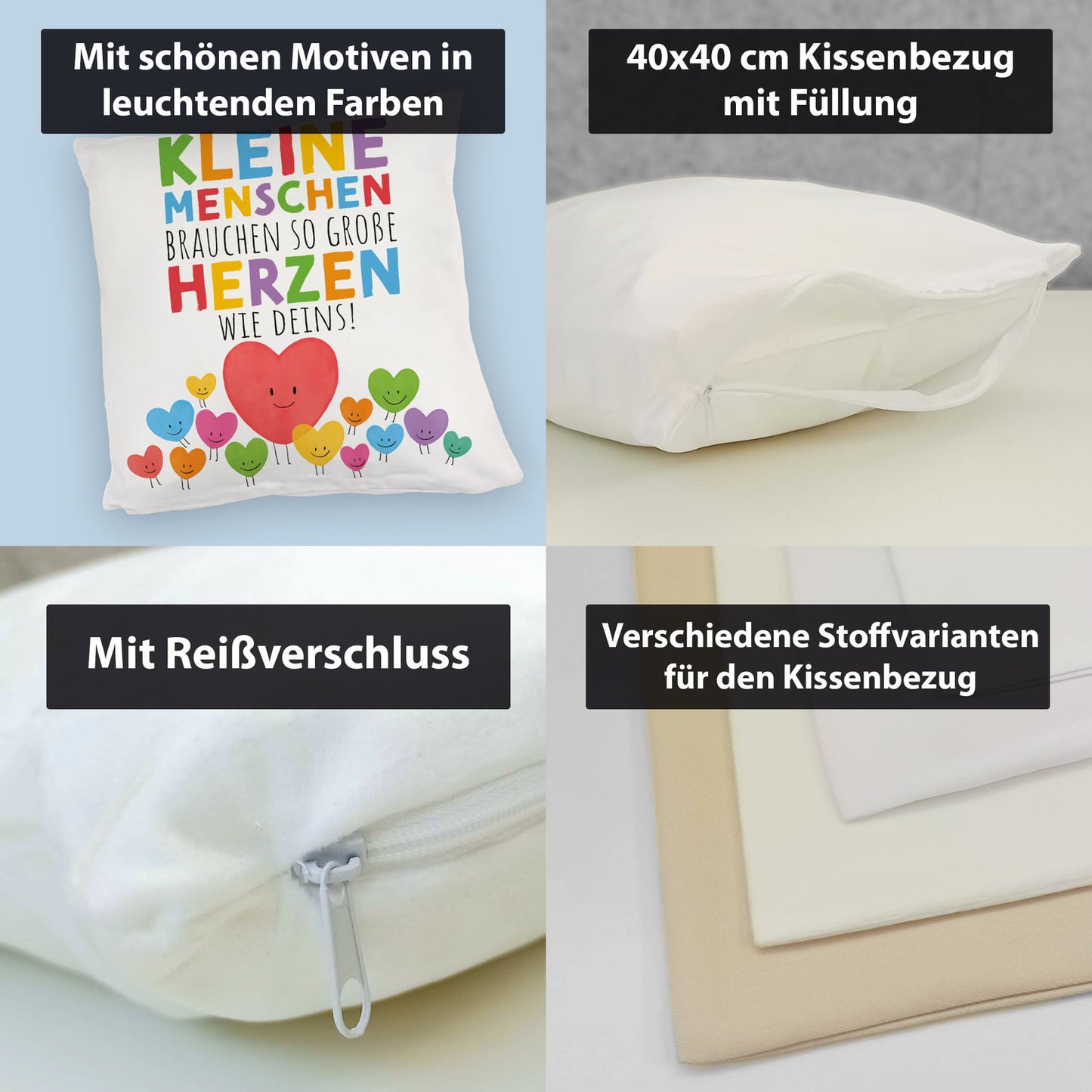 Herzen Kuschelkissen mit Spruch Große Herzen für kleine Menschen