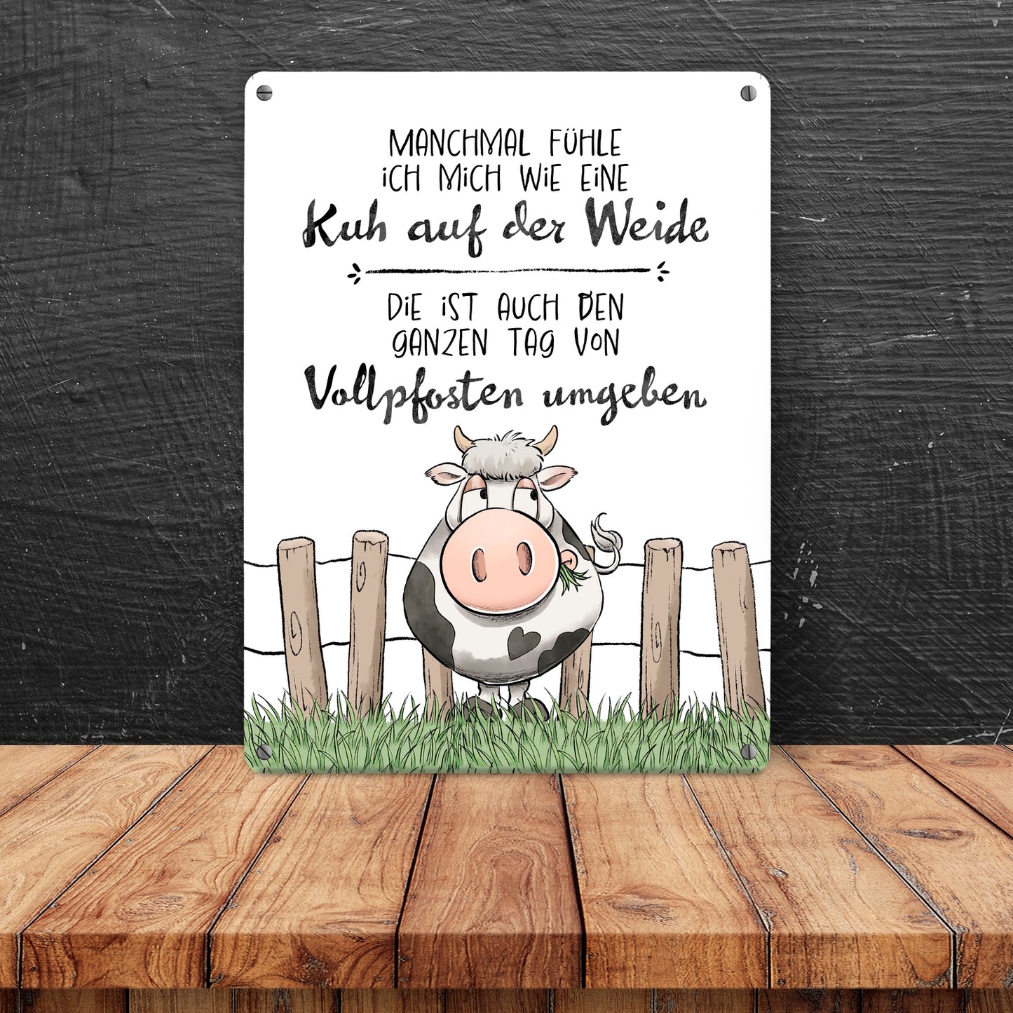 Kuh Metallschild XL in 21x28 cm mit Spruch Von Vollpfosten umgeben wie eine Kuh