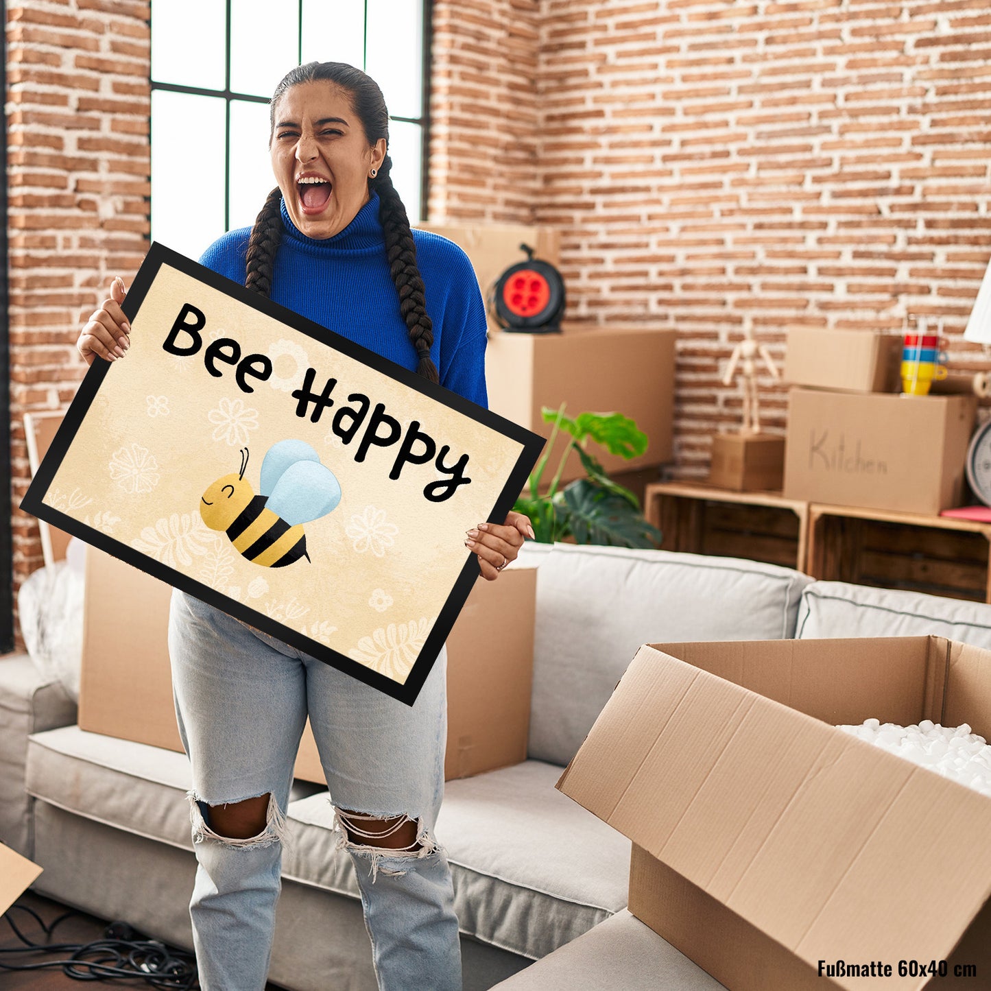 Bee Happy lustige Fußmatte XL in 40x60 cm mit glücklicher Biene