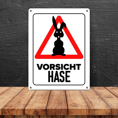 Vorsicht Hase Metallschild XL in 21x28 cm mit Hasen Silhouette