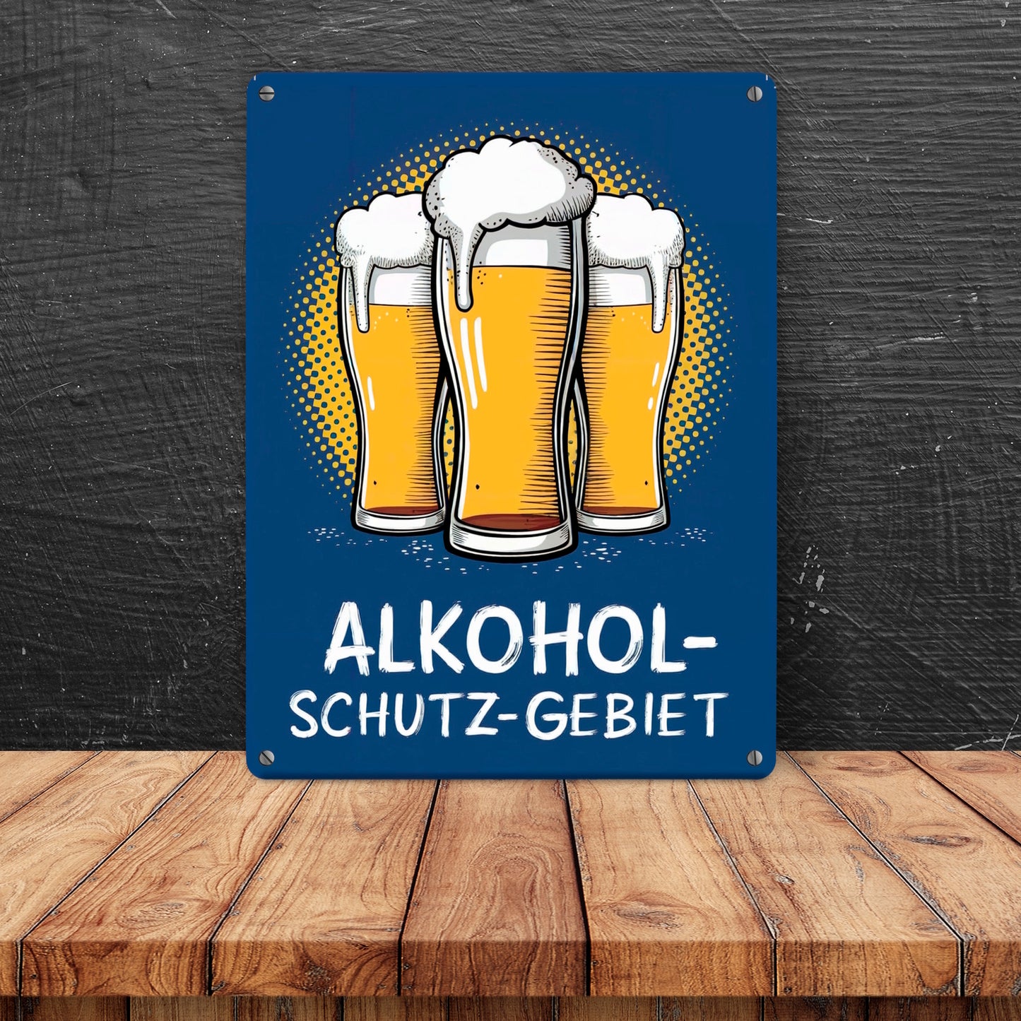 Alkohol-Schutzgebiet mit drei Biergläsern Metallschild XL in 21x28 cm